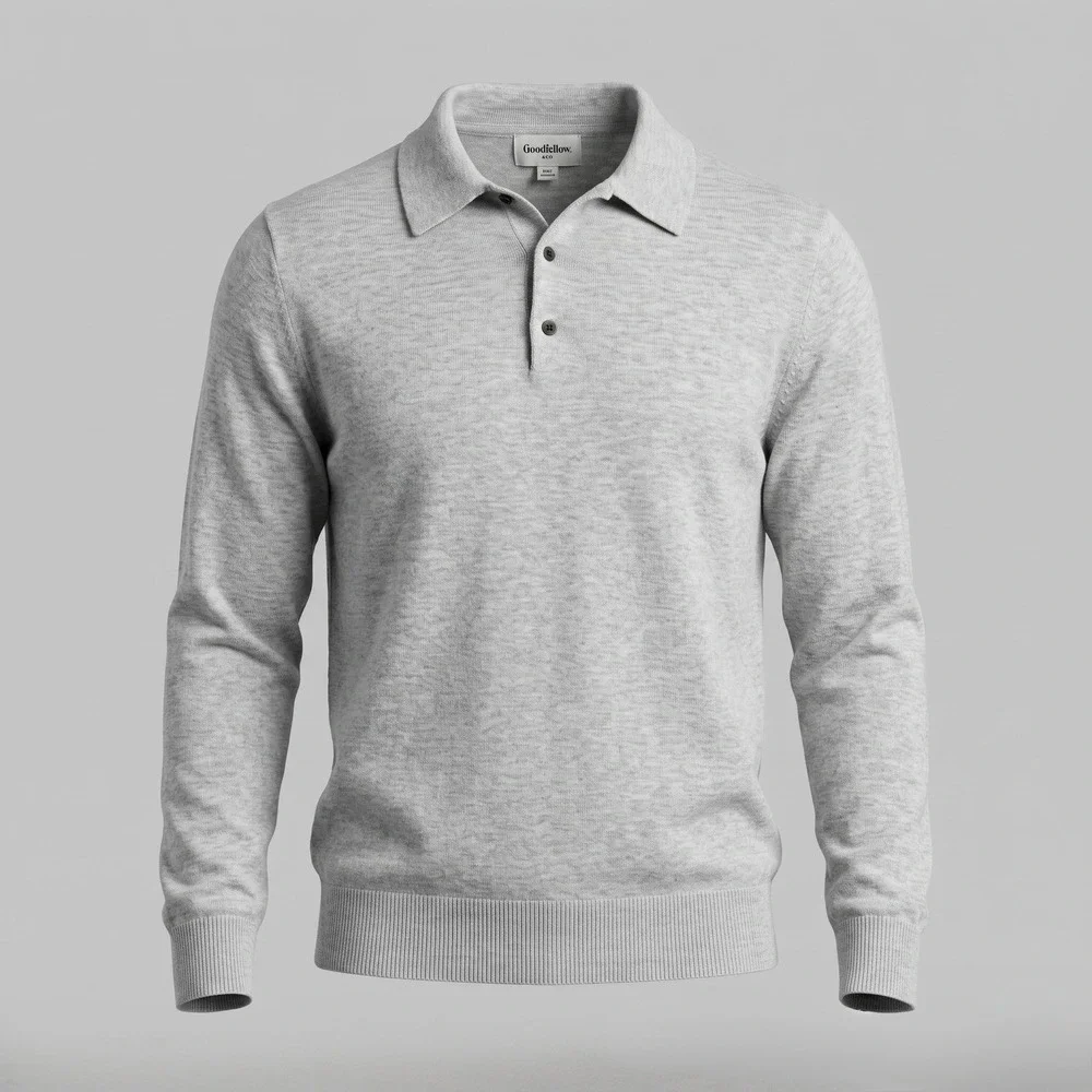 Goodfellow Mens Large Gray Polo Sweater Long Sleeve Cotton Blend Knit Casual
